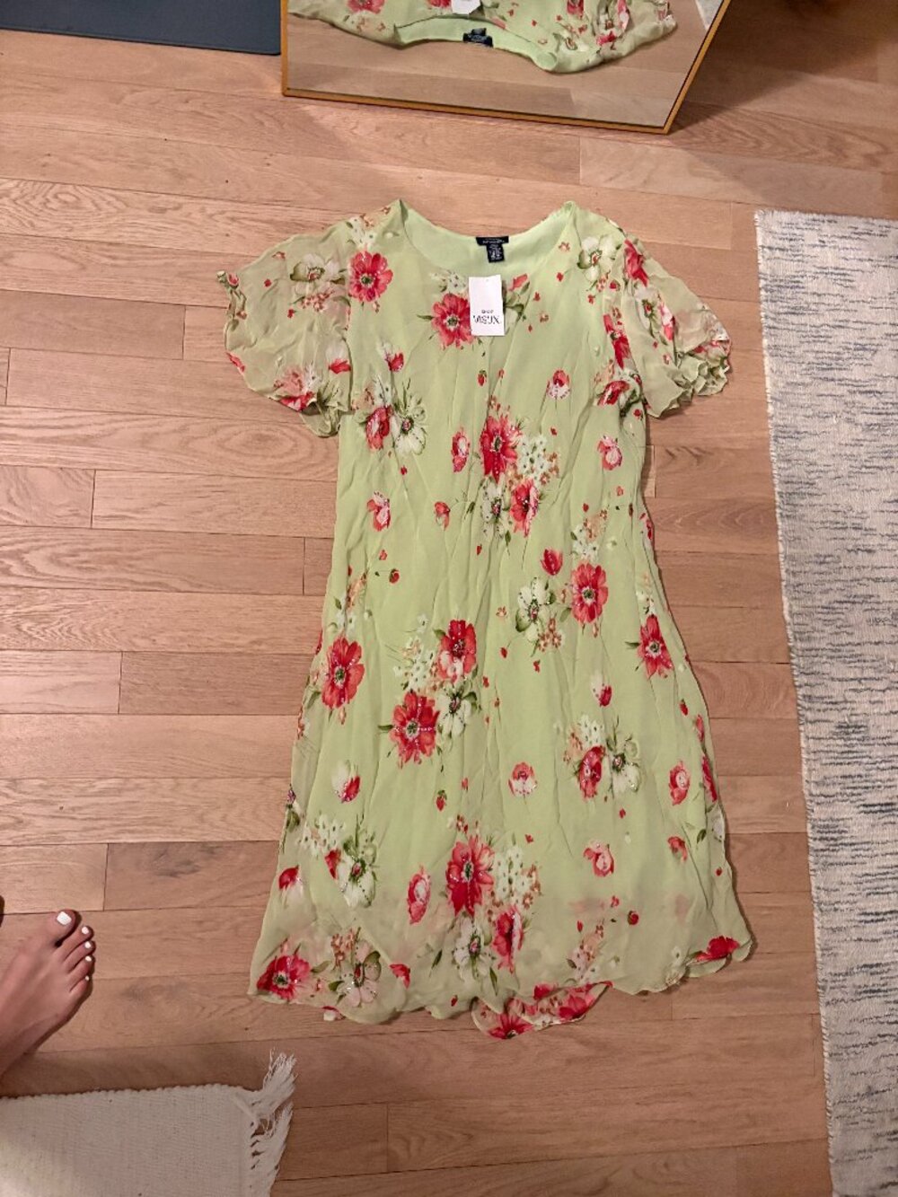 Green and Pink Floral Short Sleeve Y2K Midi Dress